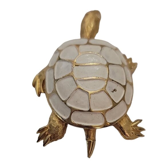 Vintage Gold Tone White Enamel Clear Rhinestone Turtle Brooch Pin E896 - Picture 8 of 8